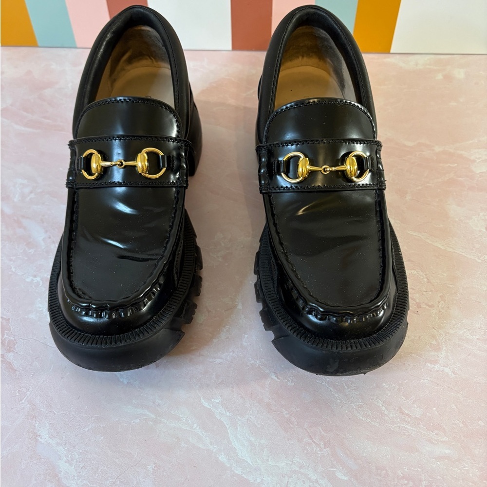 Authentic Gucci Black Leather Horsebit Lug Sole Loafers – Size 39